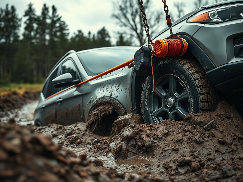 A car getting winched out of the mud, with a focus on the winch mechanism and the muddy surroundings. The car should be a modern SUV, partially submerged in thick mud, showcasing the struggle to get it out. The winch should be prominently displayed, showing the cable being pulled tight, with the operator in the background, looking focused. The environment should be a natural outdoor setting, with trees and a cloudy sky, creating a dramatic but realistic scene.