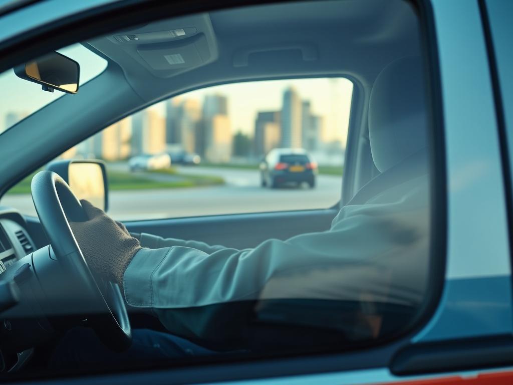 An action shot of a roadside assistance technician driving a clearly branded Apex Roadside Solutions vehicle, en route to an assistance call. The logo is visible on the side of the vehicle. The image captures a sense of urgency and professionalism, with a cityscape in the background.