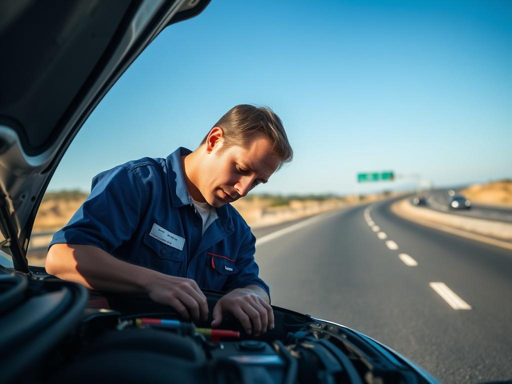 A mechanic on a highway looking under the hood of a car. The mechanic is wearing a blue uniform with a name tag, focused on checking the engine. The background features a clear blue sky and a distant view of cars passing by on the highway. The scene captures the urgency of roadside assistance while highlighting the mechanic's expertise and dedication to helping drivers in need.