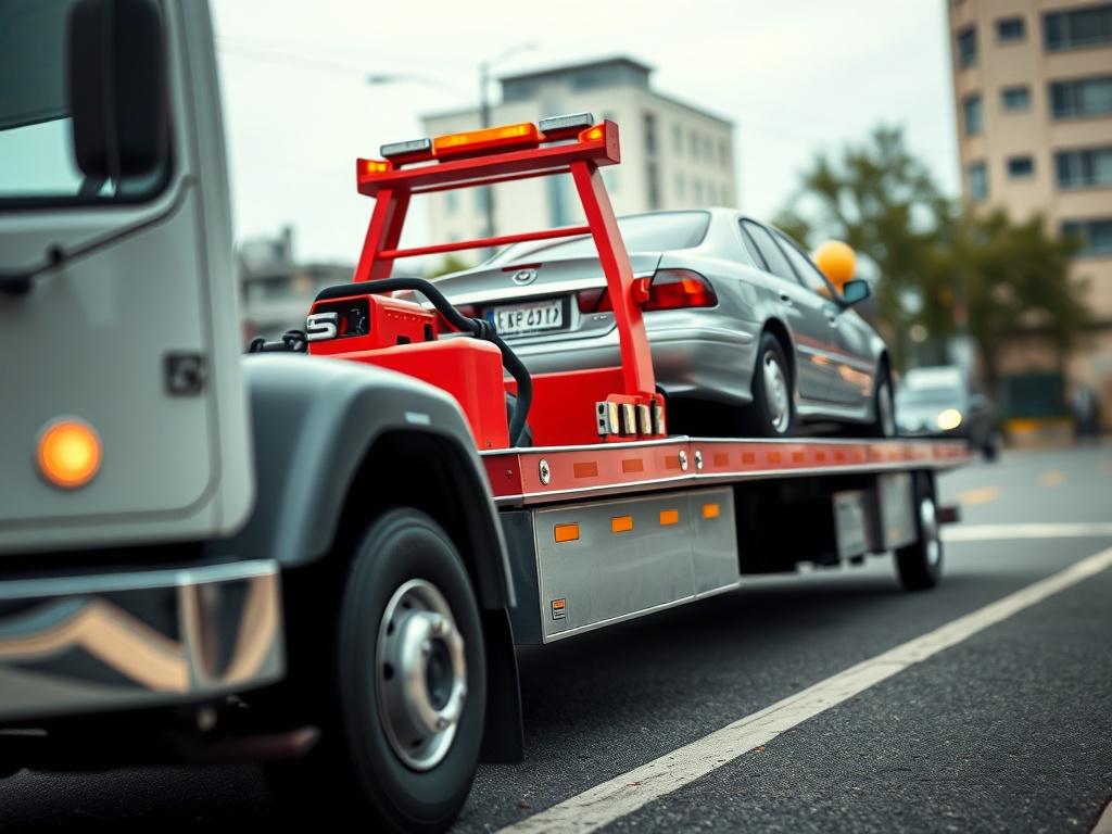 A close-up shot of a tow truck in action, with a vehicle being carefully loaded onto the truck's flatbed. The tow truck is positioned at an angle to highlight its features, while the vehicle being towed is a standard sedan. The background is a simple urban setting with soft-focus elements to keep the attention on the tow truck and the vehicle. The image is rendered in hyper-realistic quality with vibrant colors, compatible with the color palette rgb(50, 170, 39). Shot with a 45mm f/1.2 lens style.