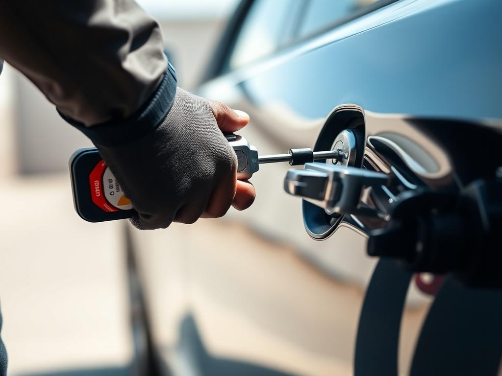 A close-up shot of a professional locksmith unlocking a car door with a slim jim tool. The locksmith is focused on the task, showcasing expertise and precision. The car is a modern sedan, and the background is a simple blurred outdoor setting, emphasizing the locksmith's work. The lighting is bright and clear, highlighting the locksmith's gear and the car's sleek design. The primary color rgb(2, 86, 197) subtly accents the image.