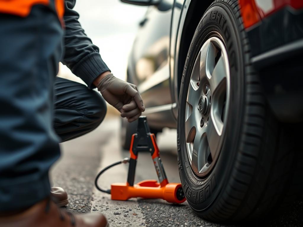 A close-up shot of a professional roadside assistance team member helping a driver with a flat tire. The scene captures the team member using tools to replace the tire, with focus on the tire and tools. The background is a blurred roadside setting, emphasizing the urgency of the situation. The image should be high-resolution, realistic, and colorful, featuring the primary color rgb(2, 86, 197) in the uniform or vehicle.
