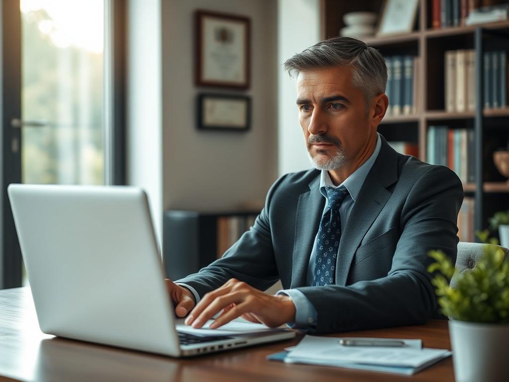 **AI Image Generation Prompt:**

Create a realistic high-resolution photo focusing on a single subject that embodies the essence of real estate investment and 1031 exchanges. The subject should be a thoughtful real estate investor, a middle-aged Caucasian man, dressed in business casual attire, sitting at a modern wooden desk with a laptop open in front of him. He should be intently reviewing financial documents related to a property transaction, with a look of concentration and determination on his face.

