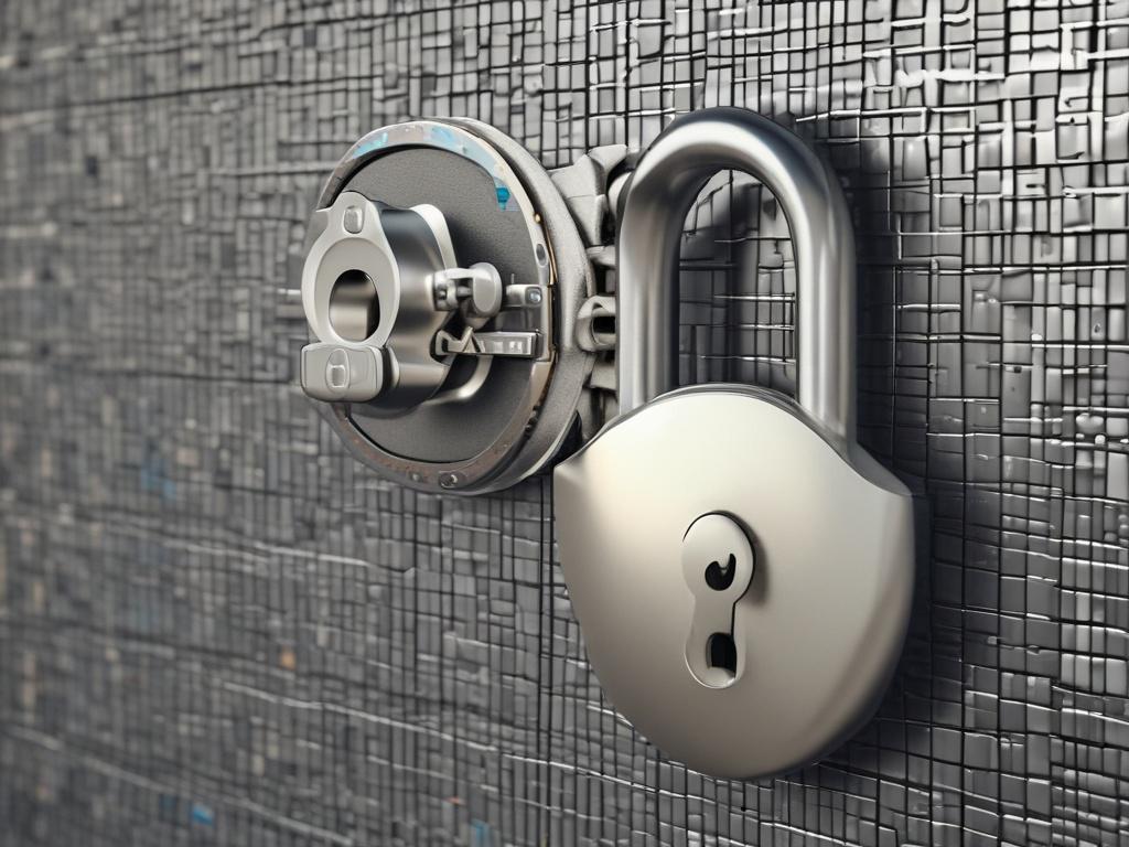 A hyper-realistic close-up shot of a secure lock symbolizing data protection, set against a soft-focus background of abstract digital patterns. The lock should be prominently displayed, showcasing intricate details and reflections. The color scheme should incorporate shades of green, specifically rgb(50, 170, 39), to convey a sense of security and trust.