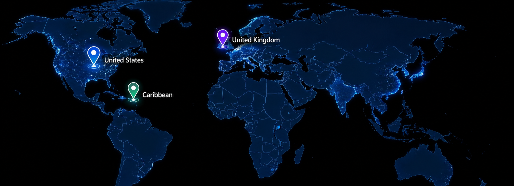 World map with United States, United Kingdom, and Caribbean location markers