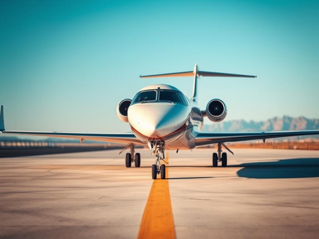 **AI Image Generation Prompt:**

Create a realistic high-resolution photographic image that embodies the elegance and sophistication of private jet negotiation. The composition should feature a single, luxurious private jet situated on a sleek private airport tarmac, showcasing its streamlined design and polished exterior. The background should include a clear blue sky, emphasizing the feeling of elevation and freedom, with distant mountains or cityscape to hint at exclusive travel destinations.

The focus 