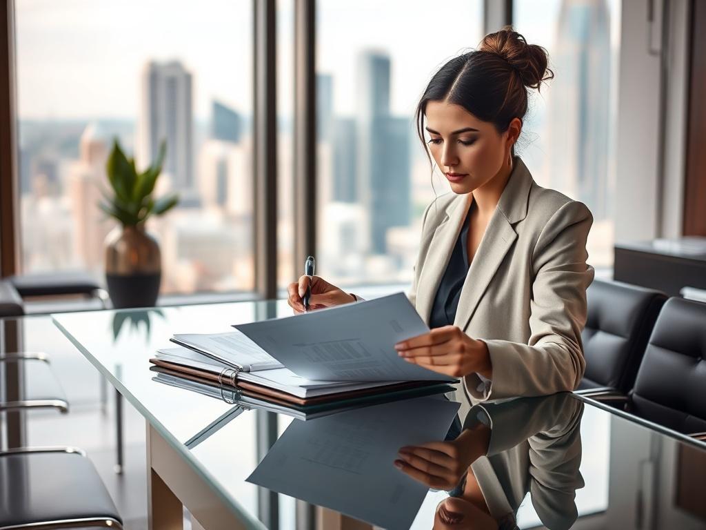 **AI Image Generator Prompt:**

Create a highly realistic high-resolution photo that embodies the essence of "Mastering Commercial Business Transactions in Luxury Markets: A Strategic Guide." The composition should be simple and clear, featuring a single subject: a well-dressed business professional, a woman in her mid-30s, confidently reviewing luxury property documents on a sleek glass conference table. 

She should have a thoughtful expression, focused on the paperwork, conveying her expertise and strate