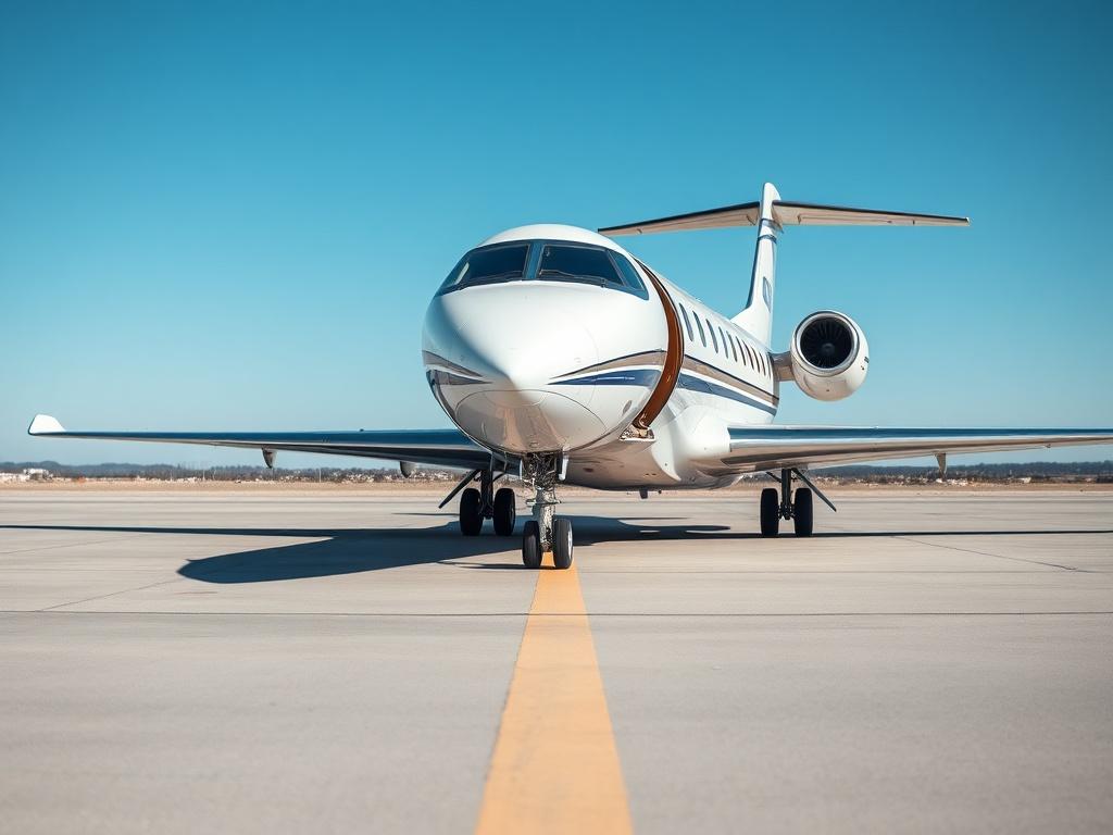 A luxurious private jet parked on a sleek tarmac, with a clear blue sky in the background. The focus is on the elegant design of the jet, showcasing its smooth curves and polished exterior. The image should capture the essence of luxury travel, emphasizing the exclusivity of private aviation. Shot with a 45mm f/1.2 lens to create a soft background blur, highlighting the jet as the main subject.