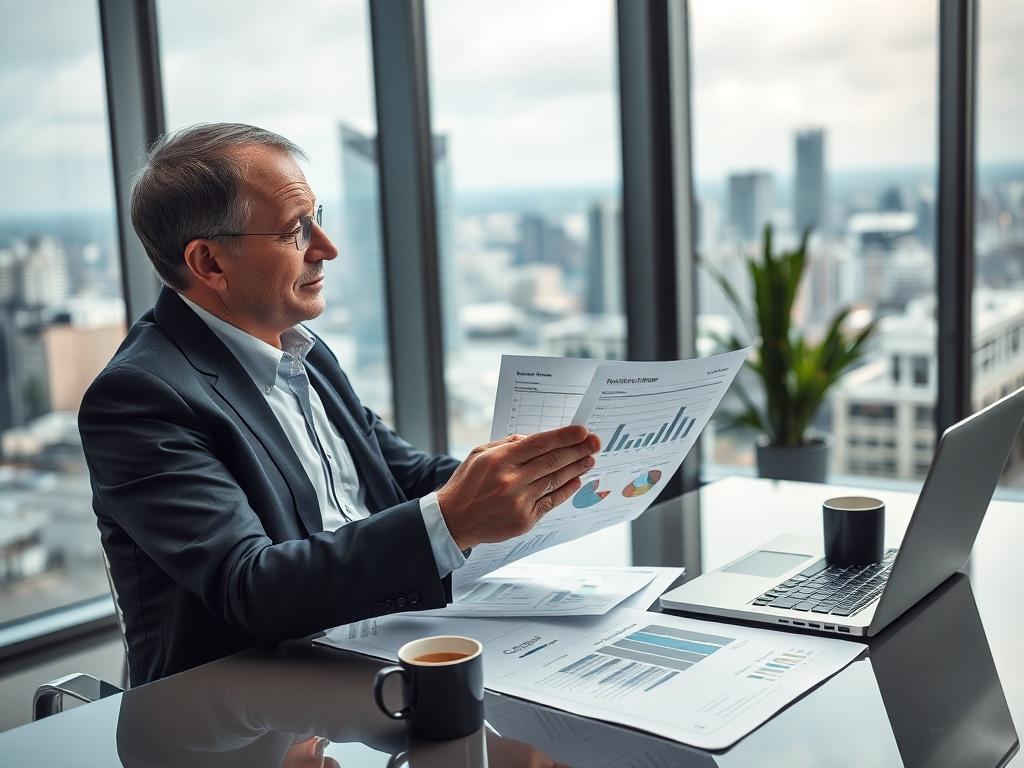 A close-up shot of a business consultant analyzing documents and charts in a modern office setting. The consultant, a middle-aged individual in formal attire, is focused on the analysis while sitting at a sleek desk with a laptop and a coffee cup. The background features a large window with a city skyline view, and the overall atmosphere is professional and sophisticated.