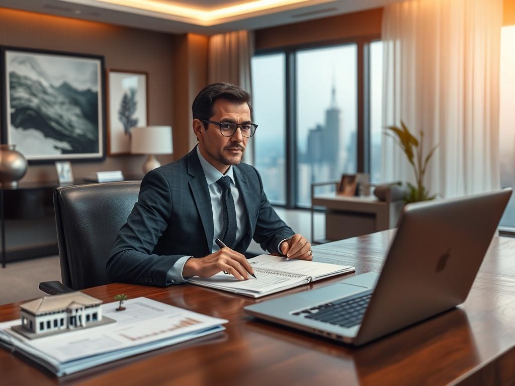 Create a realistic, high-resolution photo capturing the essence of luxury real estate negotiation. The main subject should be a confident, well-dressed individual, seated at an elegantly designed wooden desk that displays high-end property models, luxury brochures, and a sleek laptop. The subject should be depicted in the midst of a serious negotiation discussion, with a focused expression that conveys expertise and determination. 

The background should feature a stylish, modern office space adorned with t