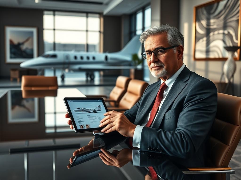 Create a realistic high-resolution photograph featuring a confident, well-dressed business professional engaged in a focused conversation while sitting at a stylish conference table in a luxurious office setting. The subject should be a middle-aged individual, appearing knowledgeable and approachable, holding a tablet displaying details of a private jet. 

The composition should be simple and clear, emphasizing the individual as the central subject, surrounded by elegantly designed office decor, such as large windows letting in natural light, plush leather chairs, and modern artwork on the walls. The background should feature a glimpse of a private jet parked outside the window, hinting at the context of private jet purchases. 

Ensure the focus is sharp on the individual and the tablet, capturing intricate details like their attentive expression and professional attire, while the background remains subtly blurred to convey a sense of sophistication and exclusivity. Use a shallow depth of field to draw attention to the subject while maintaining an elegant ambiance in the office environment. The color palette should be warm and inviting, reinforcing the theme of luxury.