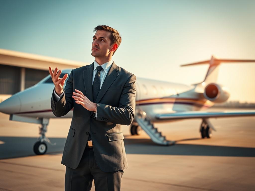 **AI Image Generation Prompt:**

Create a realistic high-resolution photo featuring a single subject: a confident, well-dressed business professional, male or female, standing on the tarmac of a private jet airport, showcasing an impressive private jet in the background. The subject should be engaged in a discussion, gesturing confidently as they explain key points about purchasing a private jet and securing the best deals through expert negotiation. 

The composition should focus on the subject as the clear focal point, with the private jet slightly blurred in the background to draw attention to the professional. The tarmac should feature subtle hints of luxury, such as polished lighting and a vibrant sky above, suggesting clarity and opportunity.

The lighting should be bright and natural, reflecting a sunny day, emphasizing the professionalism and competence of the subject. Ensure the image is rich in color and texture, capturing the elegance of both the professional attire and the luxurious aircraft. 

Avoid any text or abstract shapes, maintaining a clean and straightforward composition that focuses solely on the subject’s expertise in navigating the complexities of purchasing a private jet.