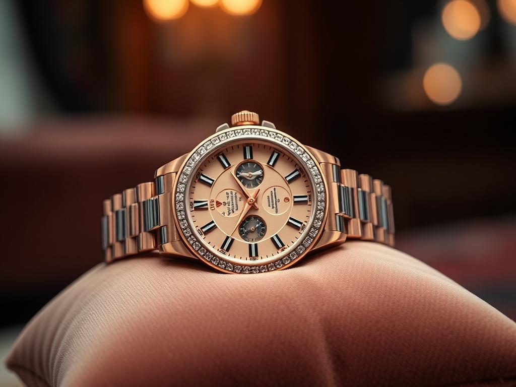 A close-up shot of a luxury watch on a velvet cushion, showcasing its intricate details and craftsmanship. The background is softly blurred to emphasize the watch, with a warm ambient light that highlights its sparkling gems and polished metal. The color palette should be elegant and rich, enhancing the luxurious feel of the image.