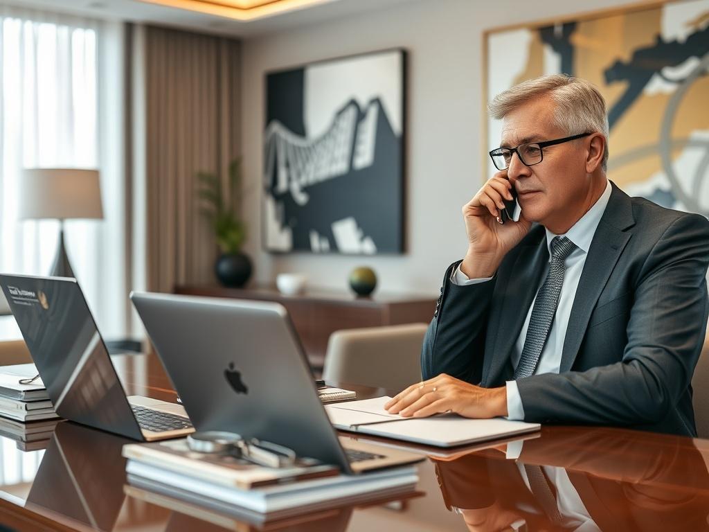 A professional negotiator in an elegant office setting, sitting at a sleek desk with luxury real estate brochures and a laptop open in front of them. The negotiator, a middle-aged individual dressed in a tailored suit, is engaged in a conversation on the phone, showcasing confidence and expertise. The background should feature modern decor with abstract art and a large window that lets in natural light, creating a welcoming atmosphere.