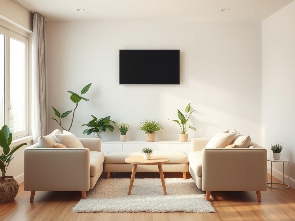 A cozy and inviting living room featuring a comfortable sofa facing a flat-screen TV mounted on the wall. The room is decorated in soft tones, with gentle lighting creating a warm atmosphere. A small coffee table sits in front of the sofa, and a plush rug is placed on the floor. In the background, there are potted plants adding a touch of greenery, and a window allowing natural light to flood the space. The overall composition is simple and harmonious, showcasing a peaceful living environment.
