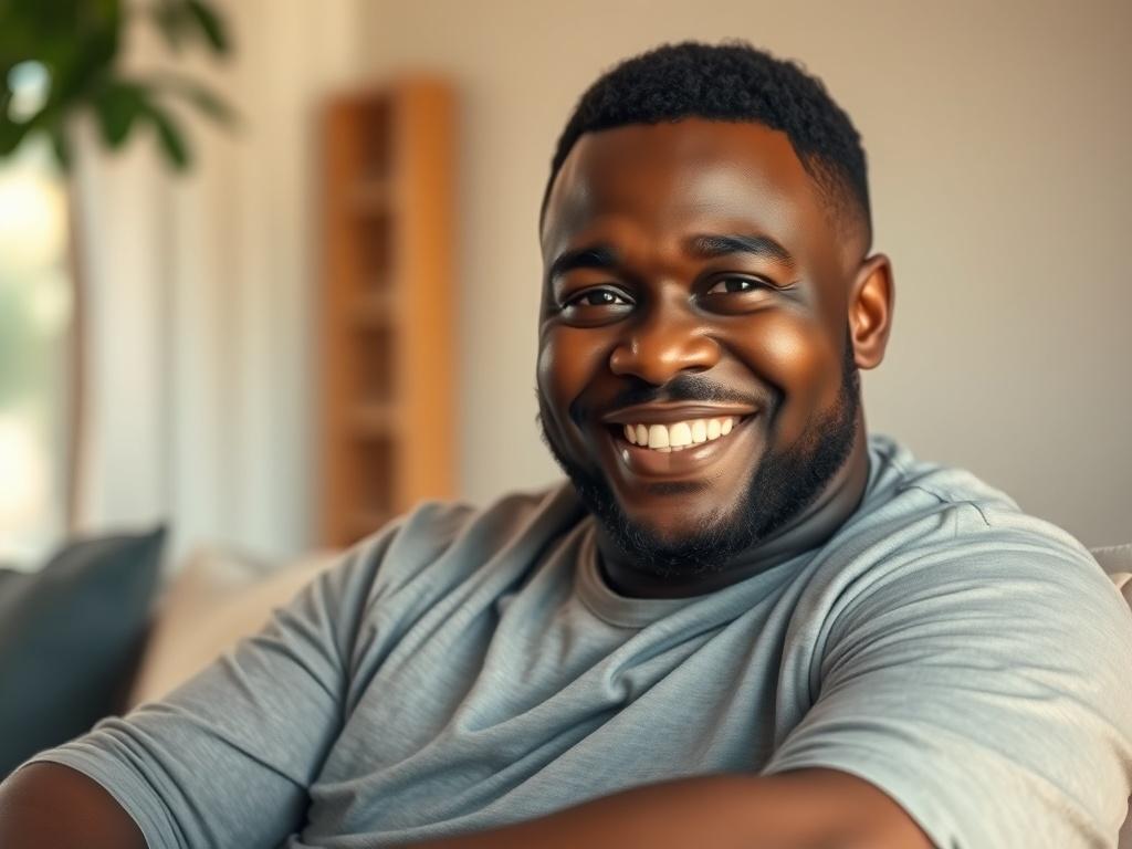 A realistic stocky black man with short hair, sitting comfortably in a warm, inviting atmosphere. He is smiling gently, conveying a sense of contentment and gratitude. The background features soft, gentle lighting that enhances the peaceful environment, with hints of greenery to evoke a feeling of support and community. The overall composition should focus on the man as the sole subject, showcasing his expression and demeanor.