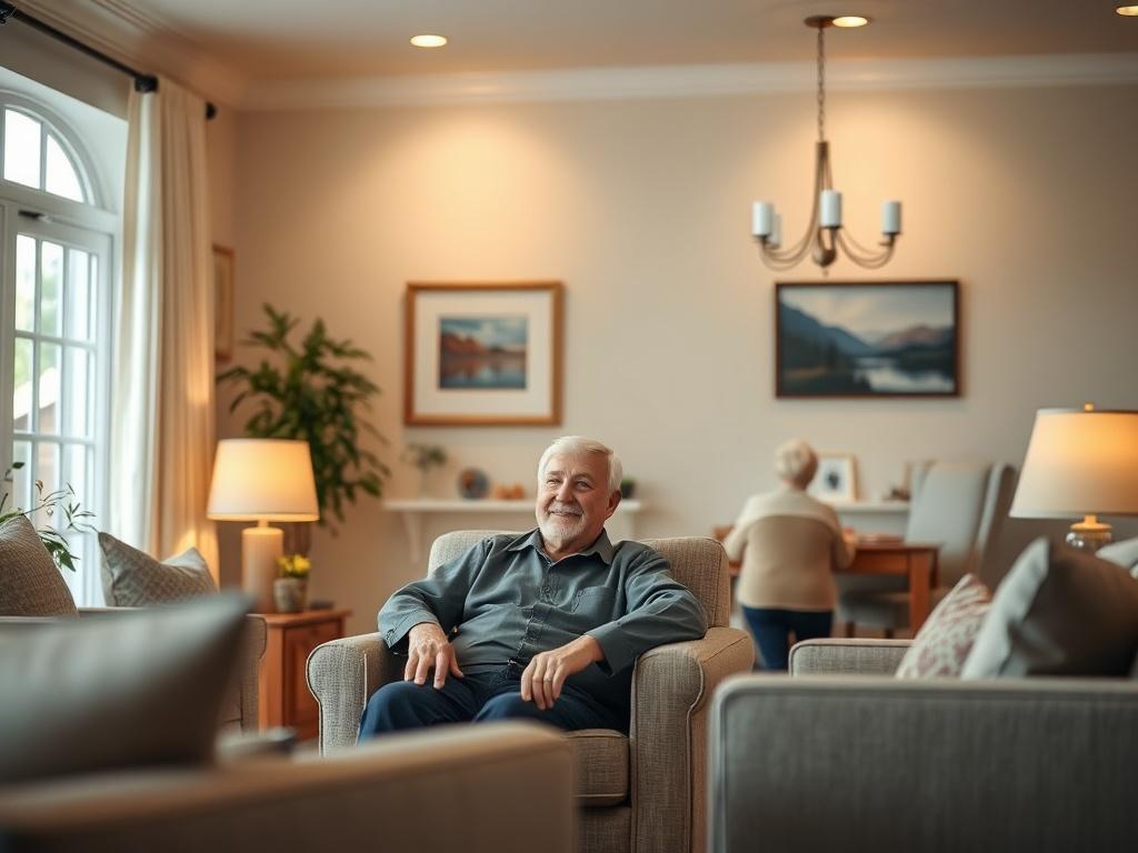 A serene living space designed for veterans, showcasing comfortable furniture,