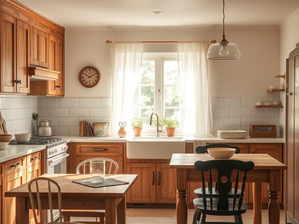 A cozy, traditional kitchen setting that feels inviting and warm. The kitchen features wooden cabinets with a vintage finish, a rustic farmhouse sink, and a wooden table with mismatched chairs. Soft, gentle lighting enhances the homey atmosphere. The countertops are adorned with simple, classic kitchenware such as ceramic bowls and a wooden cutting board. A window with sheer curtains lets in natural light, illuminating a few potted herbs on the sill. The overall color palette should be soft and earthy, crea