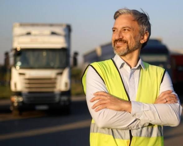 Logistics hub with trucks and warehouse operations