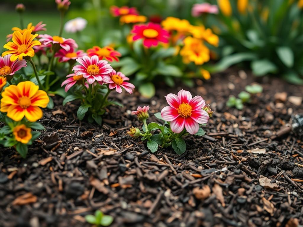 A close up shot of freshly laid mulch in a
