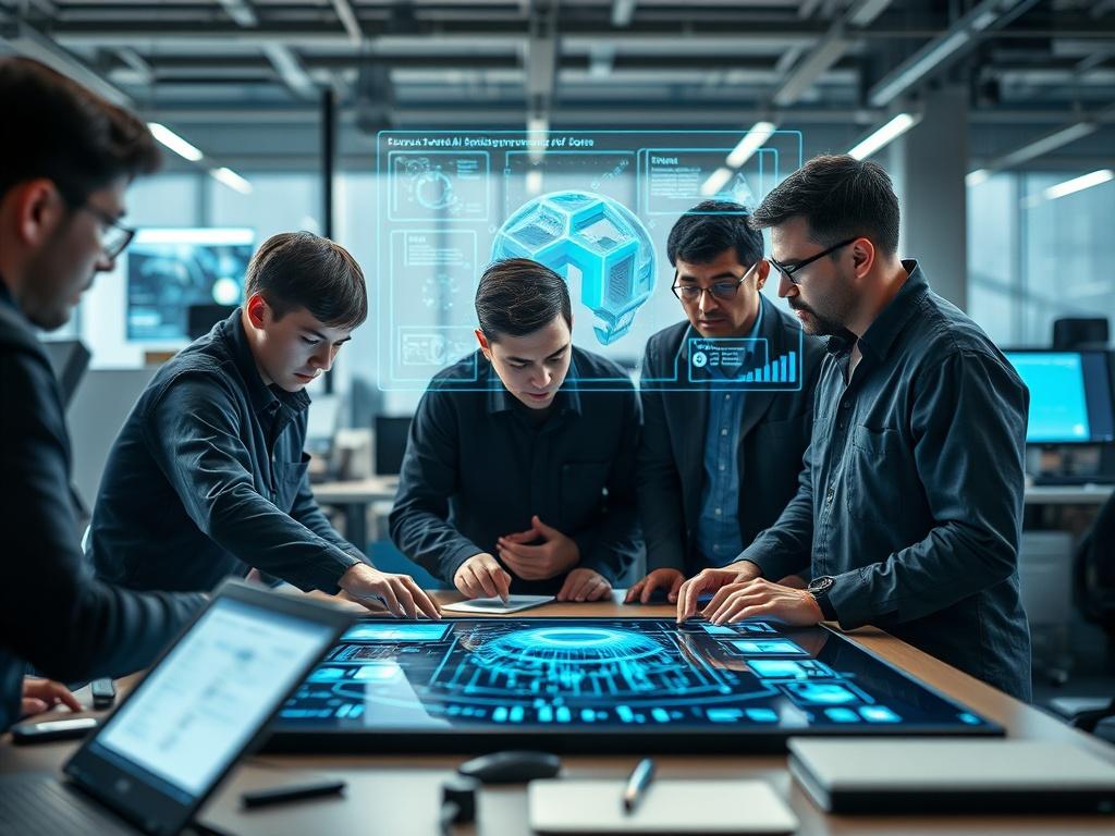 An image illustrating a team of engineers collaborating around a