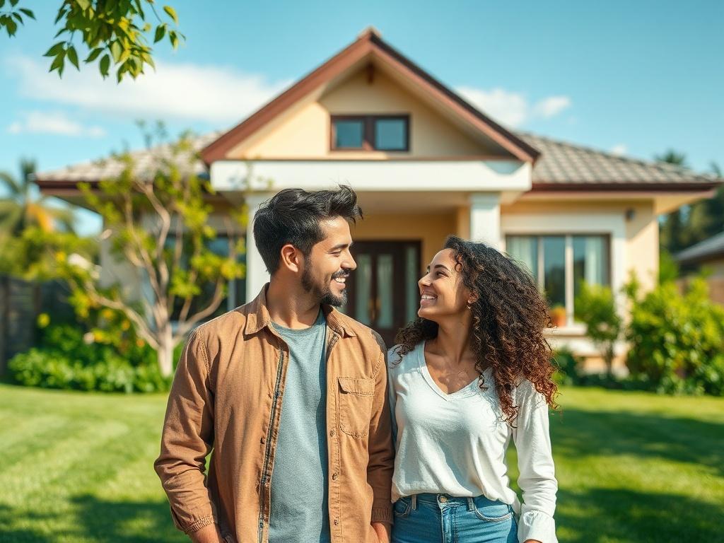 Create a realistic high-resolution photo that visually represents the blog titled "Dicas para Escolher o Imóvel Ideal." The composition should be simple and clear, featuring a single subject: a young, diverse couple standing in front of a beautiful, modern home. They are smiling and looking at each other, conveying a sense of excitement and hope.

The background should showcase a well-manicured lawn with vibrant greenery and a clear blue sky, emphasizing the idea of a perfect living space. The couple should