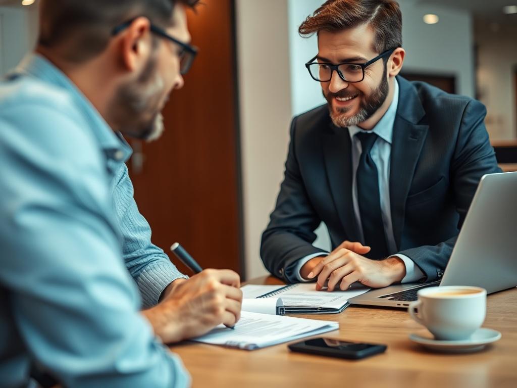 A close-up shot of a professional consultant engaged in a discussion with a client over a laptop. The setting is an office environment with a modern desk, a notepad, and a coffee cup in the background. The consultant is wearing business attire, showing a friendly and approachable demeanor. The overall composition is simple and focused, with a warm, inviting atmosphere that reflects professionalism and expertise, captured in hyper-realistic detail using a 45mm f/1.2 lens.