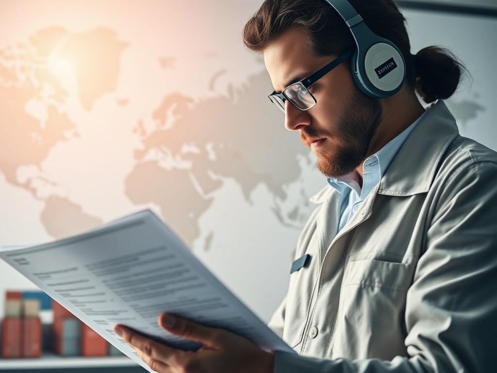 A hyper-realistic close-up shot of a logistics expert reviewing international shipping documents, with a world map and shipping containers in the background, shot with a 45mm f/1.2 lens.
