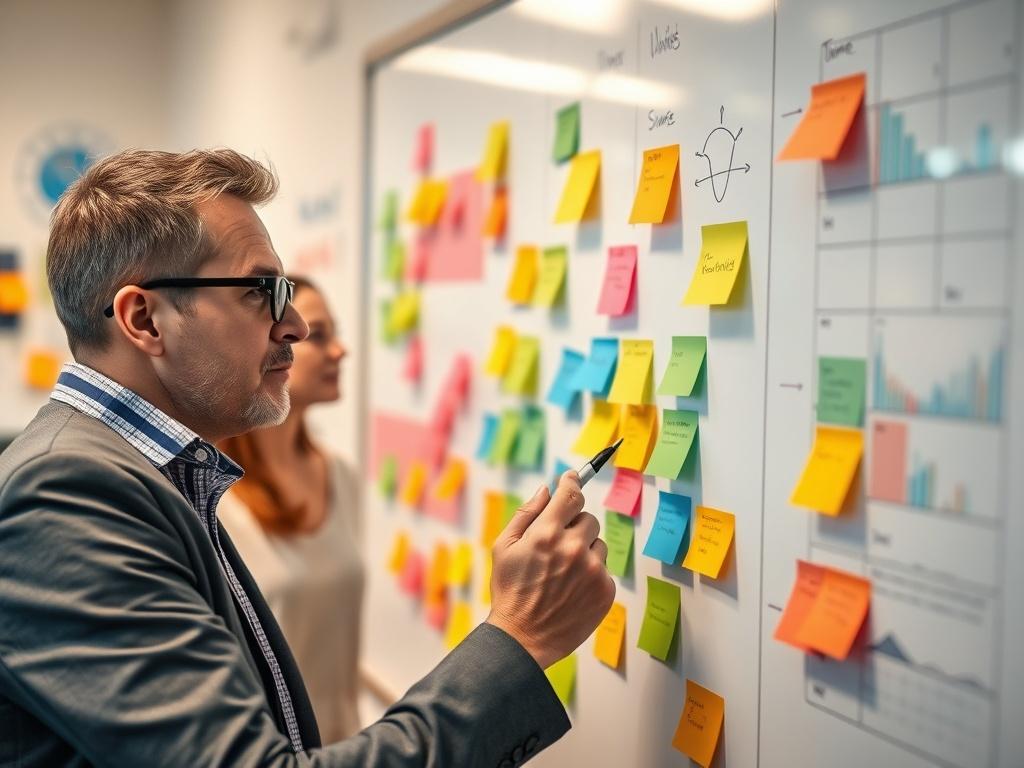 A hyper-realistic close-up shot of a marketing strategist brainstorming ideas on a whiteboard, with colorful post-it notes and charts in the background, shot with a 45mm f/1.2 lens.