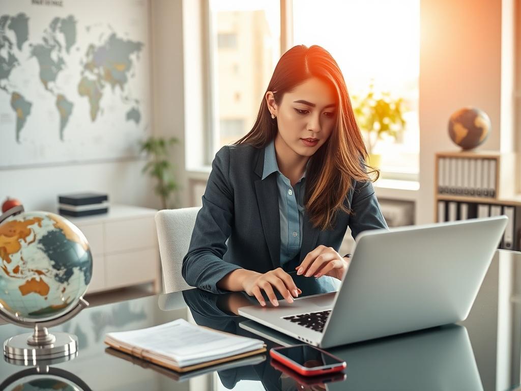 Create a realistic high-resolution photo that encapsulates the theme "Maximizing Efficiency in Cross-Border E-Commerce." The composition should focus on a single subject: a professional woman in business attire, intently analyzing data on a laptop. She should be seated at a sleek, modern desk adorned with a few relevant tools of the trade, such as a notepad, a smartphone, and a globe showcasing key trade routes.

The background should be bright and airy, featuring elements of a contemporary office that conv
