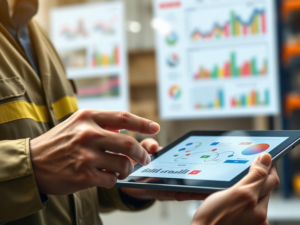 A hyper-realistic close-up shot of a logistics manager analyzing a supply chain diagram on a digital tablet, with colorful charts and graphs in the background, shot with a 45mm f/1.2 lens.