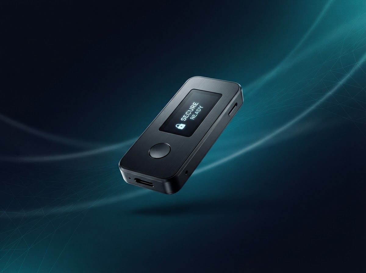 Hardware wallet floating in a dark, softly illuminated digital environment