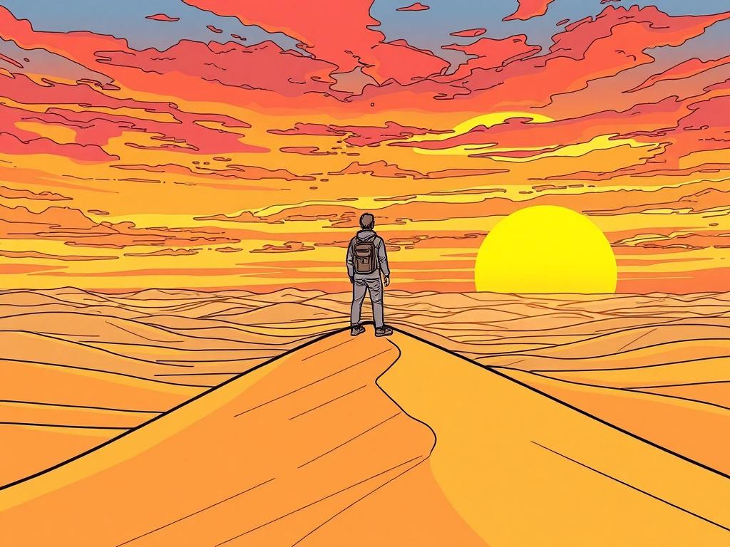 An inspiring travel scene depicting a breathtaking landscape featuring a vast desert under a vibrant sunset. The composition should include a lone traveler standing on a sand dune, looking toward the horizon, symbolizing exploration and adventure. The background should showcase rolling dunes and a colorful sky, creating a sense of wonder and aspiration. The image should be rendered in crisp, solid black line drawing style, compatible with the rgb(29, 198, 35) primary color.