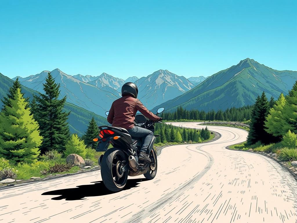 A cinematic motorcycle scene featuring a lone rider on a winding mountain road, surrounded by lush green trees and a clear blue sky. The composition should highlight the rider's freedom, with the motorcycle positioned in the foreground, emphasizing movement and adventure. The background should depict majestic mountains and a winding road, creating a sense of journey. The image should be rendered in crisp, solid black line drawing style, compatible with the rgb(29, 198, 35) primary color.