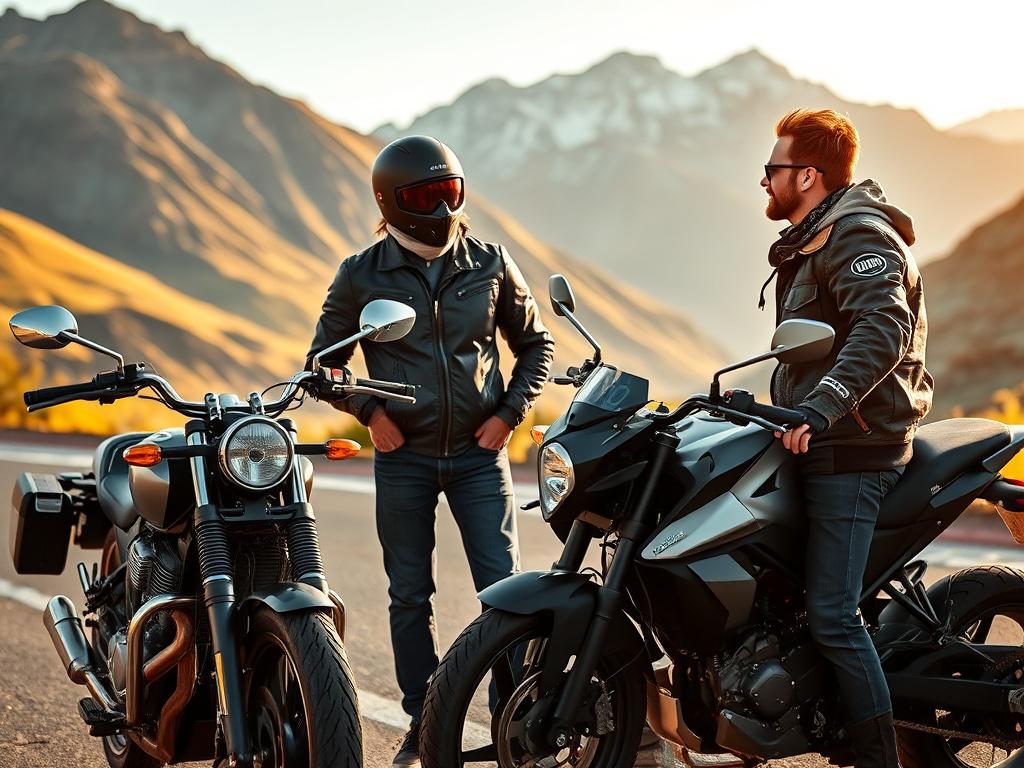 A realistic high-resolution photo depicting two bikers meeting together on a scenic mountain road. One biker is wearing a classic black leather jacket and a helmet, while the other is in a rugged, weathered jacket with a bandana. They are standing next to their motorcycles, which are sleek and modern, with stunning mountain peaks in the background. The composition focuses on the camaraderie between the bikers, capturing their excitement and passion for adventure. The lighting is warm and inviting, reflectin