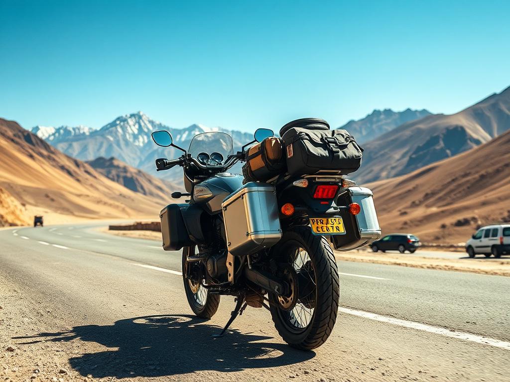 A motorcycle traveling on the winding roads of Ladakh, fully packed with motorcycle accessories. The scene captures the majestic mountains in the background under a clear blue sky. The motorcycle is positioned in the foreground, showcasing its sturdy build and packed saddlebags filled with gear. The road is a mix of asphalt and gravel, emphasizing the adventurous spirit of the journey. The lighting is warm, highlighting the rugged landscape, and the composition is simple and clear, focusing on the motorcycl