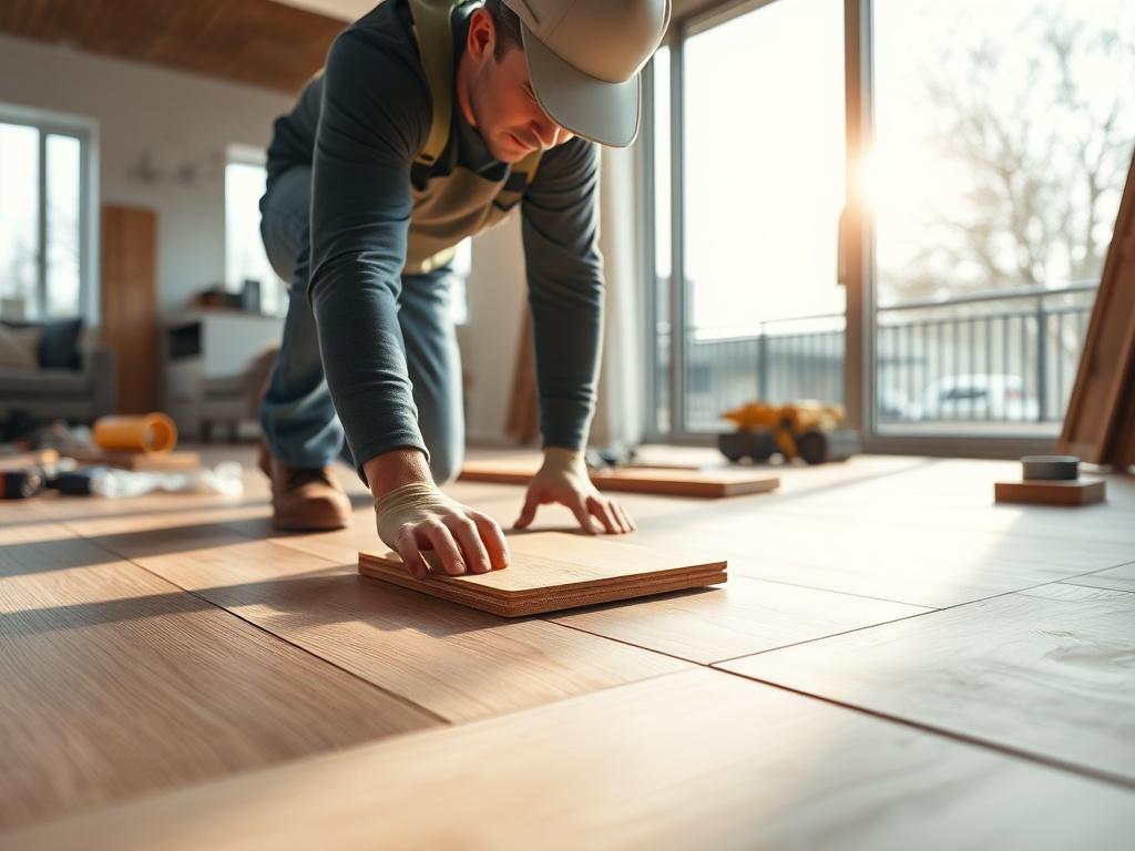 A high resolution image capturing the process of flooring installation
