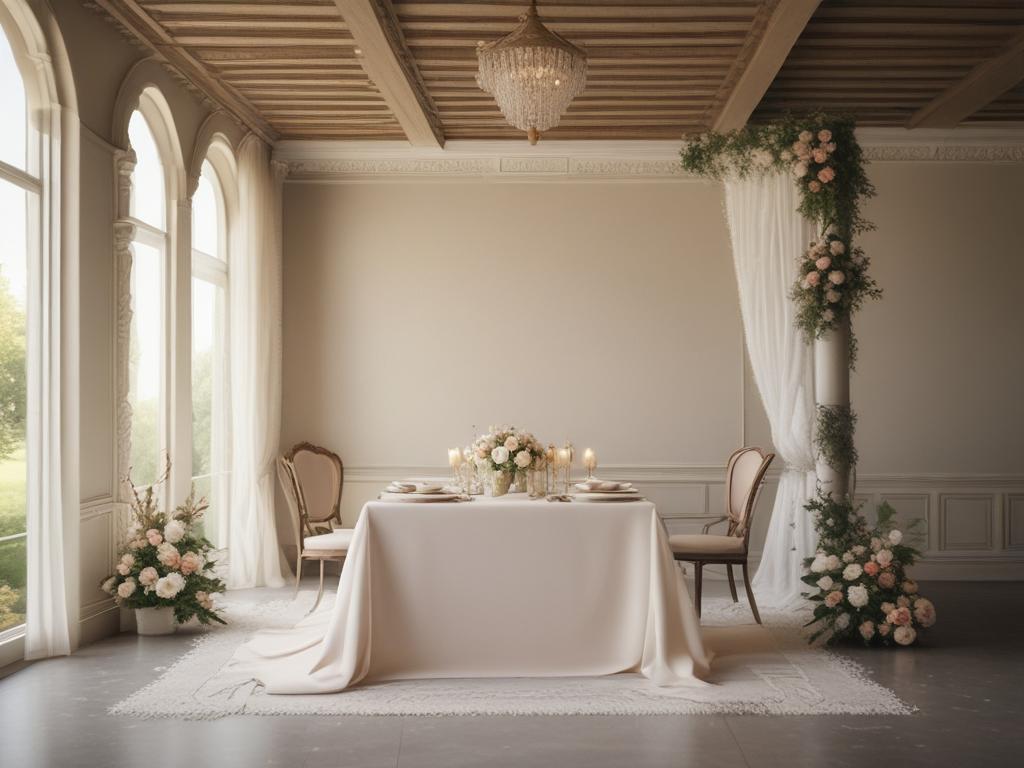 wedding venue, elegant decorations, happy couple, beautiful setting