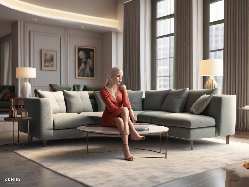 A stunning, elegant female escort sitting gracefully on a plush