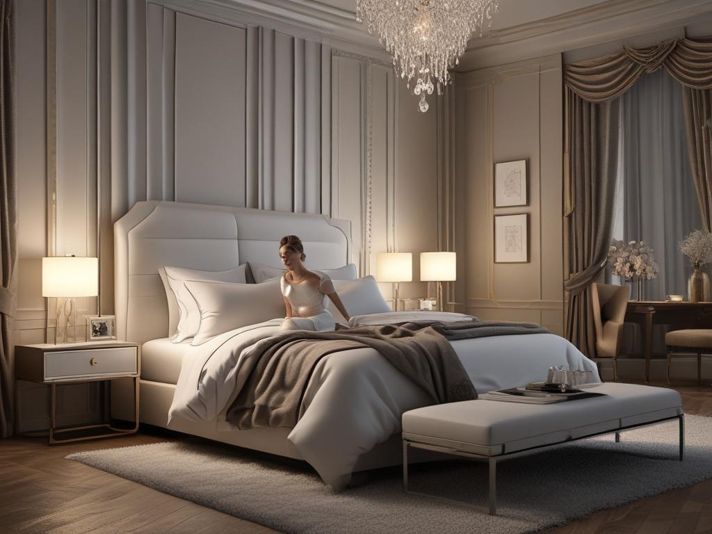 An alluring woman in a luxurious bedroom, adorned with soft,