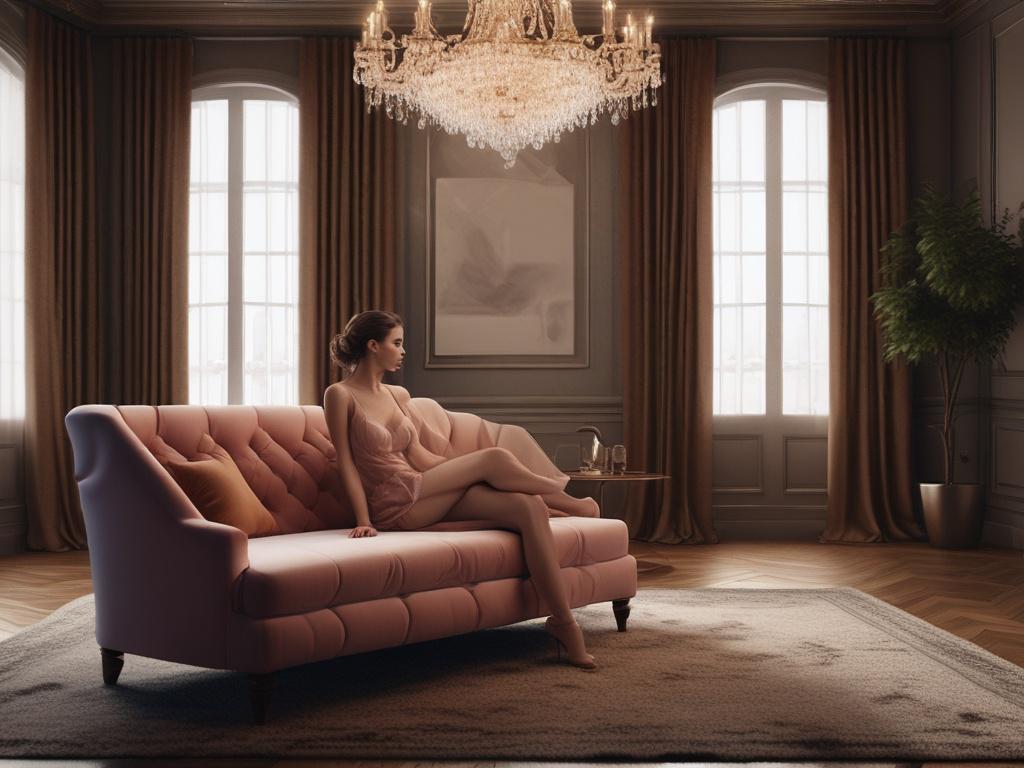 A stunning woman in an elegant evening dress, sitting gracefully