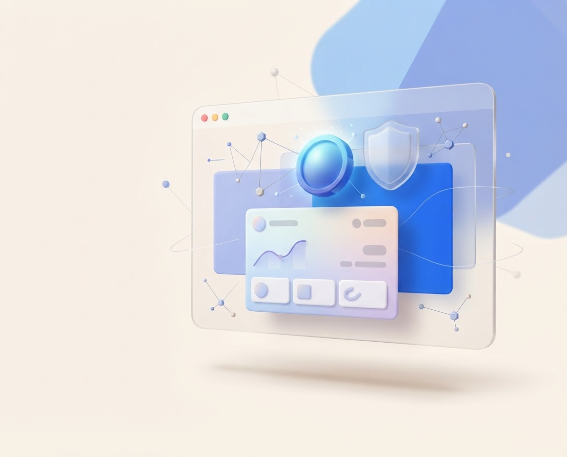 Illustration of a browser wallet window, security shield, and digital asset token