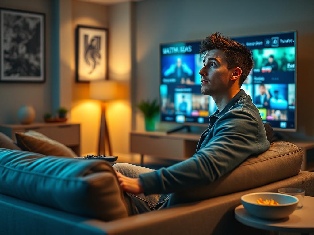 **Prompt for AI Image Generator:**

Create a realistic high-resolution photo to illustrate a blog titled "Erleben Sie die Zukunft des Fernsehens mit UpIPTV." The image should feature a modern living room setting where a single subject—a young adult male in casual attire—sits comfortably on a sleek, modern sofa. He is absorbed in watching a high-definition TV screen that displays vibrant visuals, showcasing the diverse content available through UpIPTV. The subject should be in focus, with an expression of ex