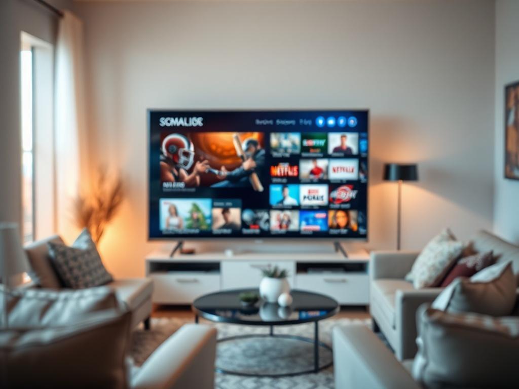 Create a realistic high-resolution photo that embodies the essence of UpIPTV, a premium IPTV provider. The composition should be simple, featuring a single subject: a sleek, modern smart TV displaying vibrant, high-quality visuals of popular streaming content. The TV should be positioned at the center of the image, showcasing its high-definition screen in a living room setting. 

In the background, include a cozy and stylish living room environment with soft lighting, minimal decor, and comfortable seating,