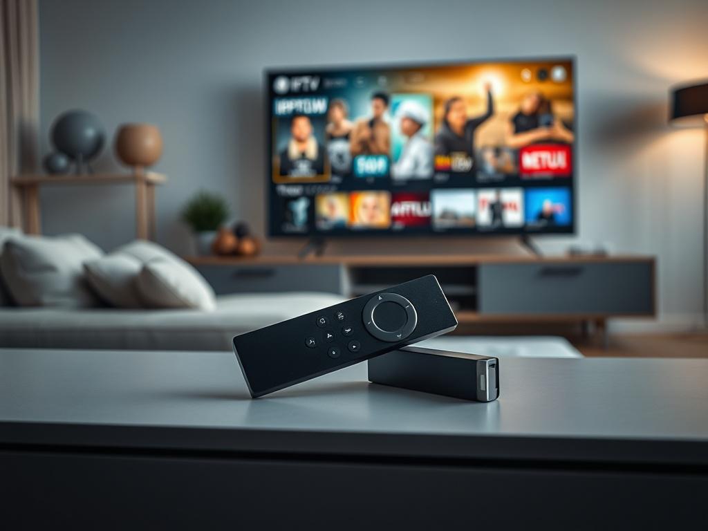 **Image Generation Prompt:**

Create a hyper-realistic, high-resolution photo that showcases the theme "Vier Möglichkeiten, wie IPTV Ihr Geld spart, IPTV für Fire TV Stick." The composition should be simple and clear, featuring a single subject. The subject is a sleek, modern Fire TV Stick prominently displayed on a stylish, minimalist entertainment unit. 

In the background, include a softly illuminated living room setting that conveys comfort and modernity, with a plush sofa and a large flat-screen TV sho