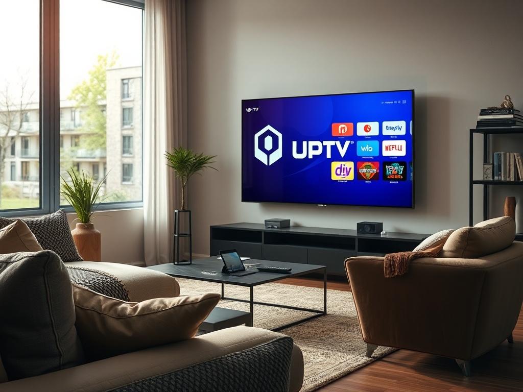 **AI Image Generation Prompt:**

Create a highly detailed, realistic high-resolution photo showcasing a professional and inviting scene in a modern living room that reflects the theme of "Wichtige Fragen an einen IPTV-Anbieter vor dem Kauf." The composition should be simple and clear, featuring a single subject: a sleek and contemporary television displaying the UpIPTV logo and interface, symbolizing its high-quality, legal, and reliable streaming solutions. 

The living room should be well-lit, with natura