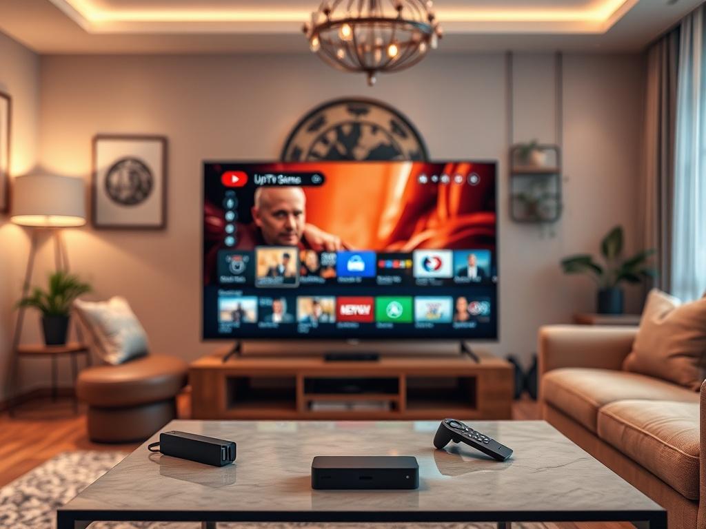 **Prompt for AI Image Generator:**

Create a highly realistic high-resolution photo that encapsulates the essence of UpIPTV, a premium IPTV provider revolutionizing digital TV streaming. The main subject of the image should be a sleek, modern smart TV displaying vibrant streaming content, showcasing the UpIPTV interface. Ensure the TV is centered in the composition to emphasize its elegance and technological sophistication. 

The background should be a cozy living room setting featuring a plush sofa and a s