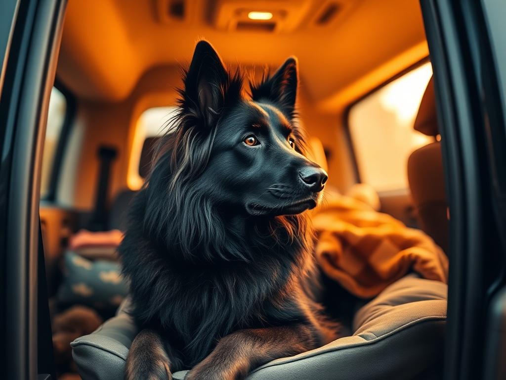 A serene, cozy interior of a pet transport vehicle with soft golden lighting. The focus is on a calm, relaxed long-haired black German Shepherd comfortably settled in a cushioned seat, looking out of the window. The background features subtle hints of pet-friendly accessories, such as a toy and a blanket. The overall atmosphere is peaceful, reflecting a safe and secure transport experience.