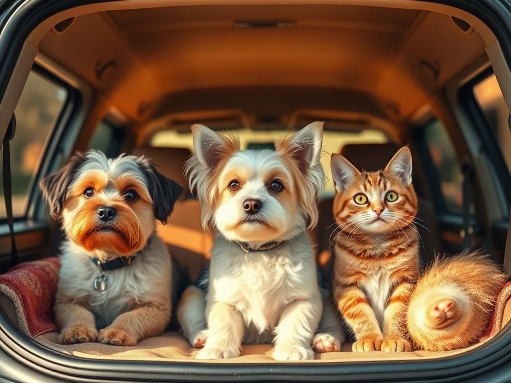 A cozy and warm scene of multiple pets, including a small dog and a cat, comfortably traveling together in a pet transport vehicle. The pets are seated next to each other, relaxed and calm, showcasing a sense of safety and convenience. The interior of the vehicle is softly lit with golden hues, highlighting the comfort and secure space they are in. The background shows a hint of a pet-friendly environment, creating a serene atmosphere that radiates warmth and care.