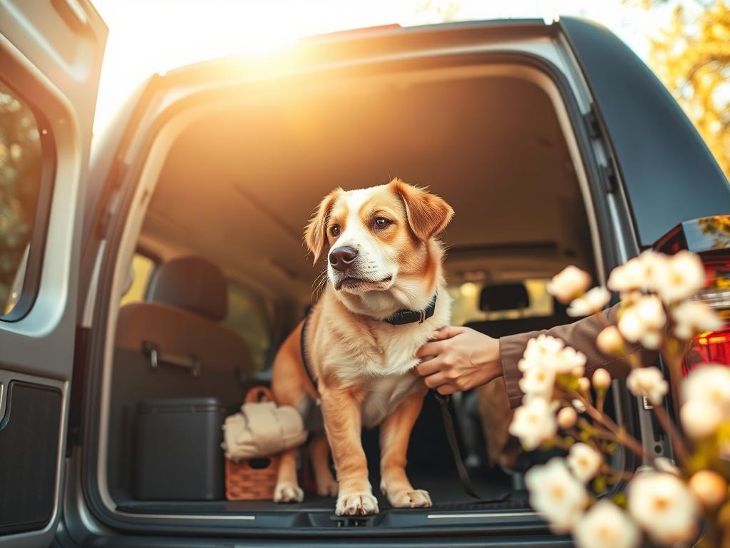 An inviting photo of a pet being gently loaded into a transport vehicle. The scene captures the pet looking comfortable and secure, with the vehicle's air-conditioned interior visible. The background should depict a sunny day, with trees and flowers in bloom, reflecting the joy of pet travel. The image should convey warmth and reliability, emphasizing the attention given to pets during transport.